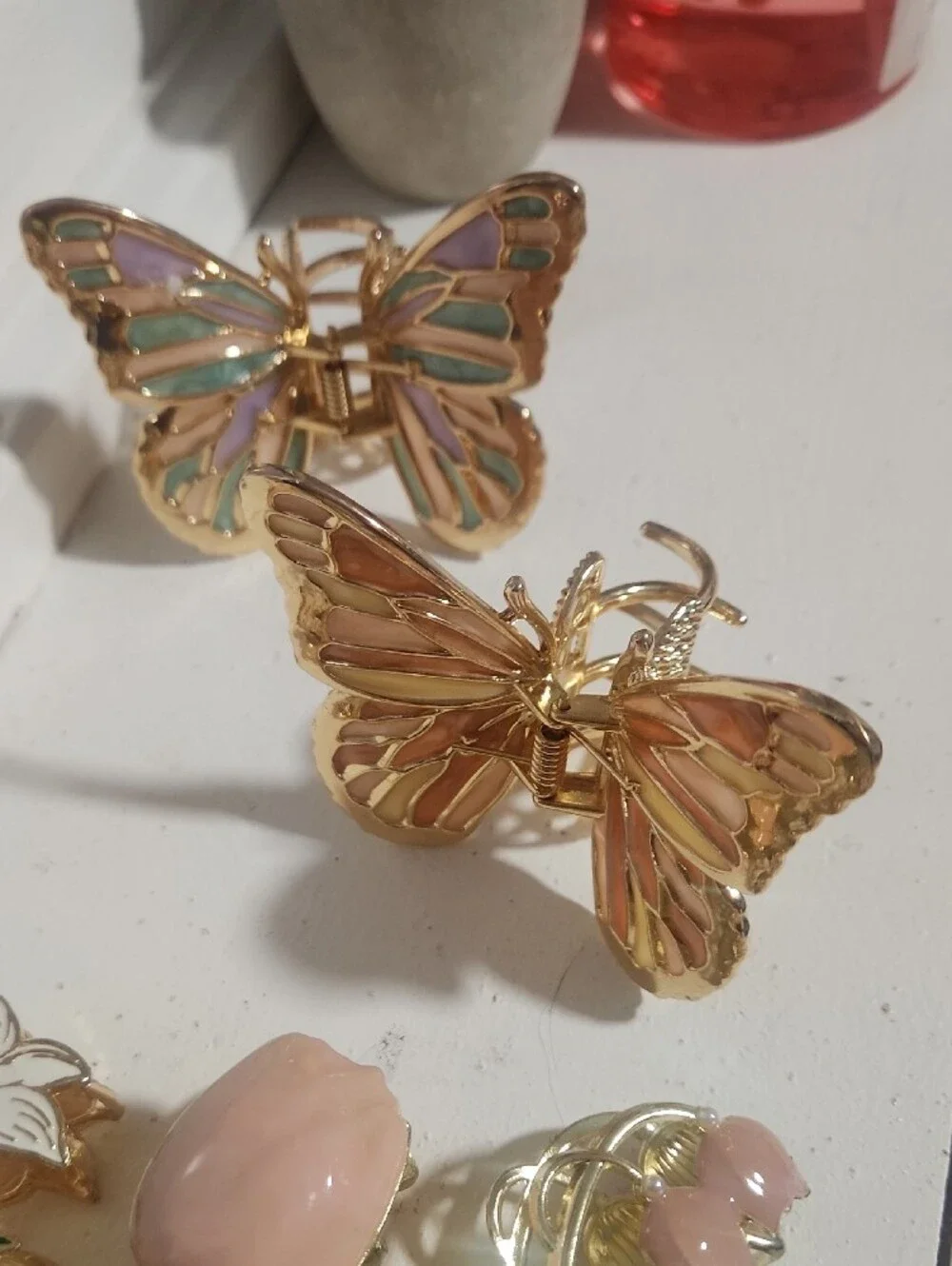 8 Gold Floral and Butterfly Hair Clip Set with Pink, Green, Yellow Accents